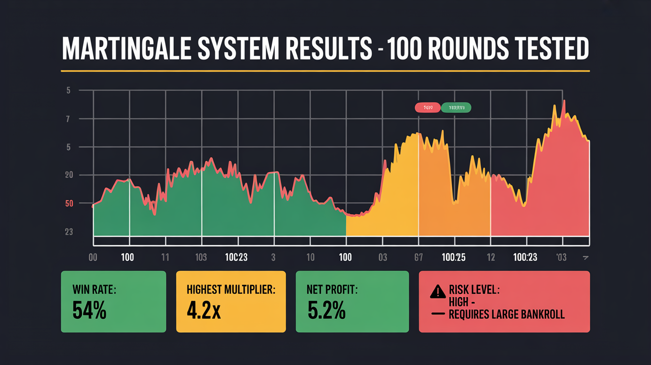 Martingale testing results showing bet progression